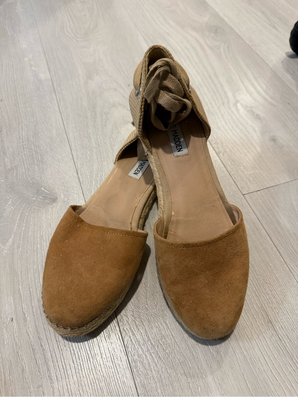 Steve Madden Suede Espadrille Flats in Tan Brown with Ankle Wrap